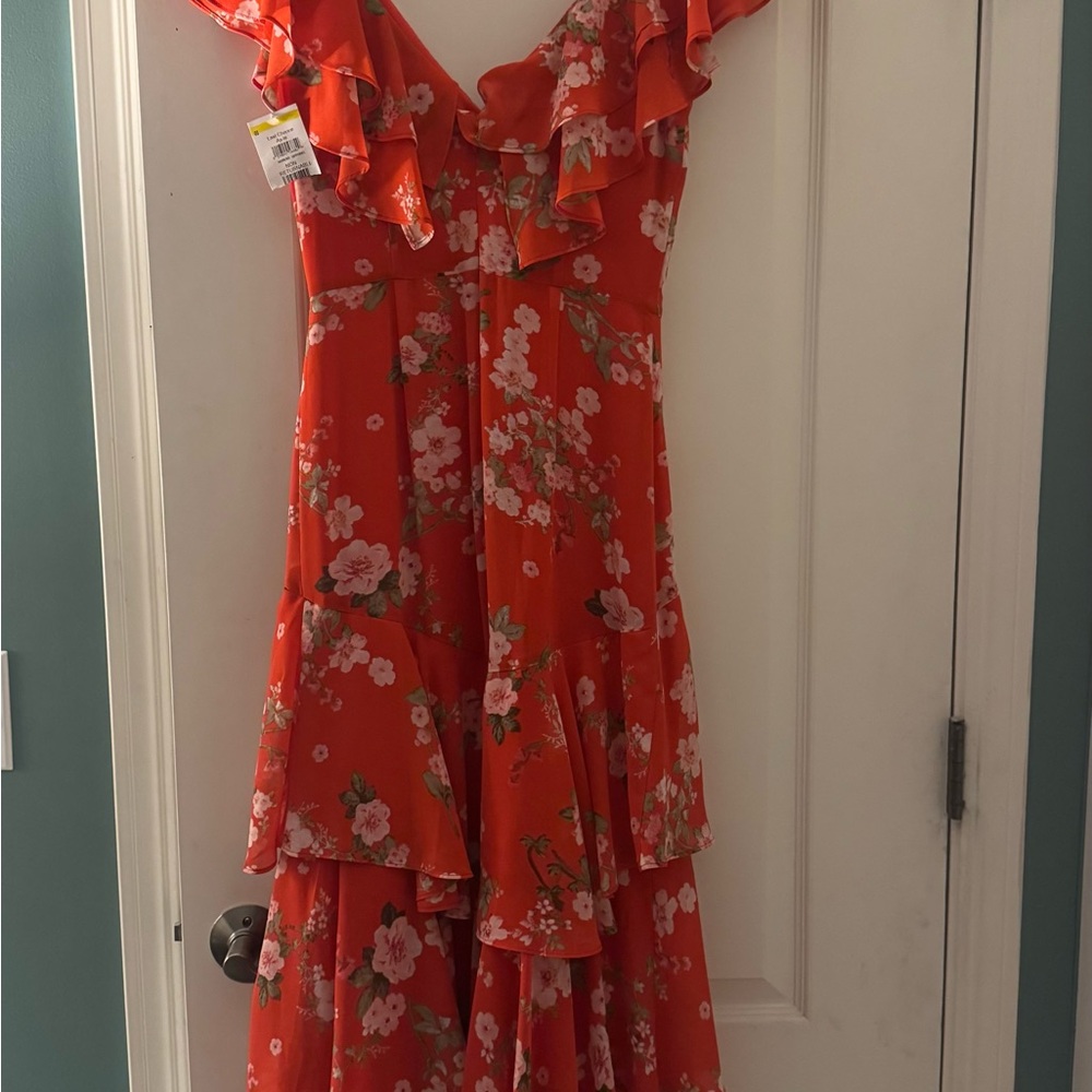 Wayf Red Floral Ruffle Tiered Midi Dress